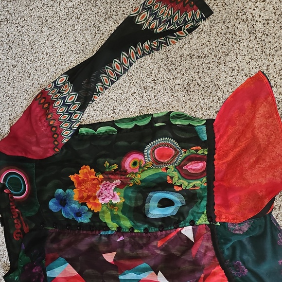 Desigual Funky Boho Colorful Patchwork Long Sleeve Sheer Blouse Top Xl - Picture 5 of 10